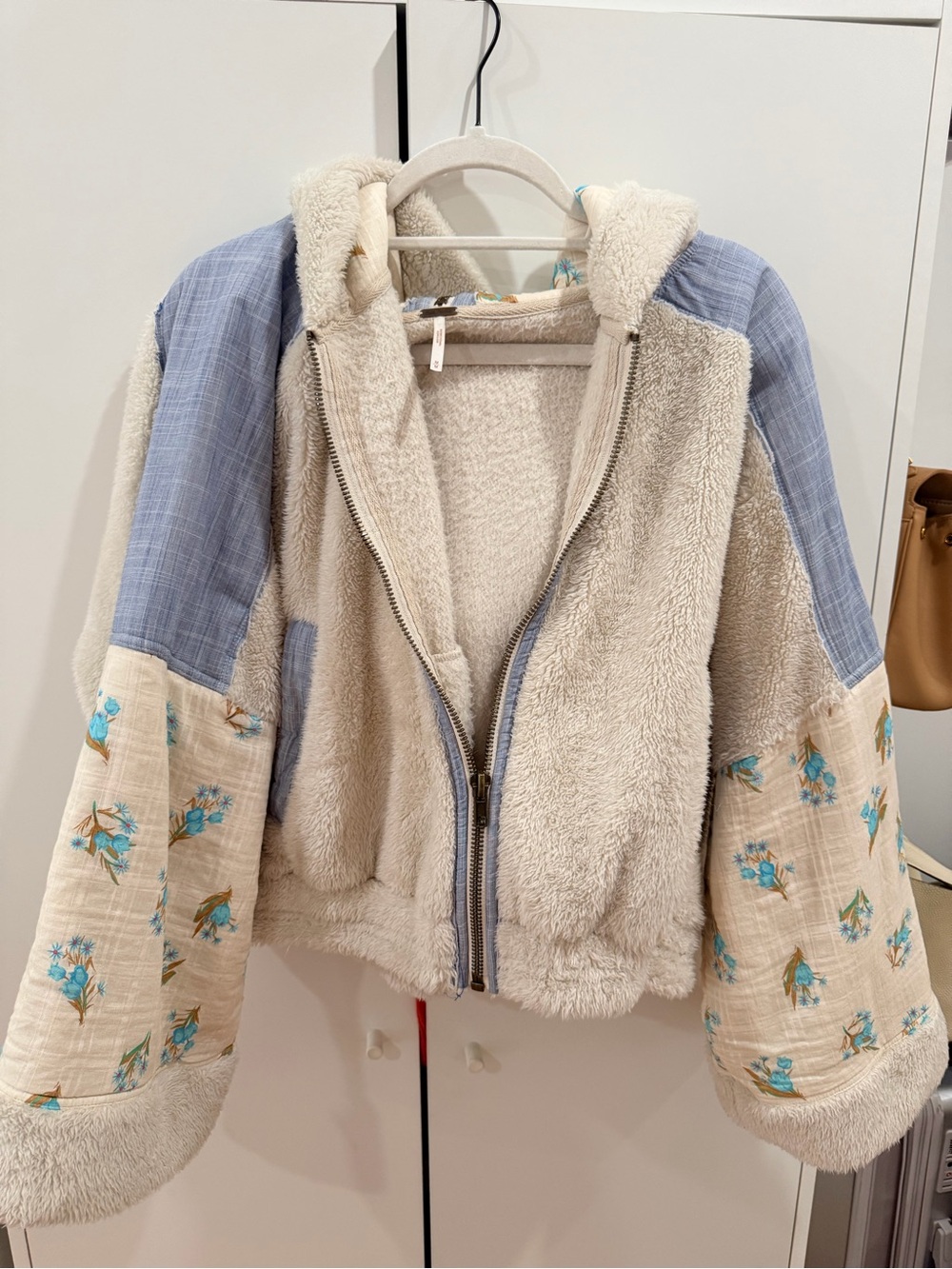 Free People Sherpa Zip Hoodie Jacket with Blue Floral Sleeves